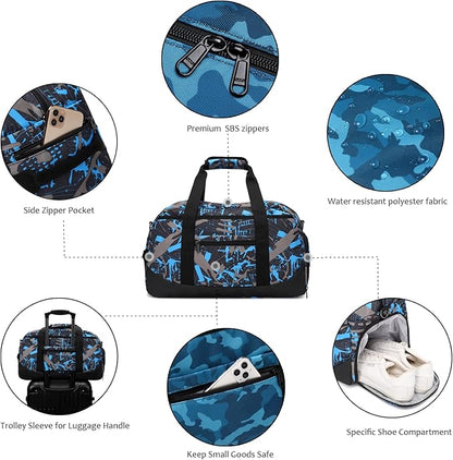 Octsky Sports Duffel Bag Gym Bag with Shoe Compartment Small Travel Overnight Bag Weekender Bag (Blue-Graffiti)