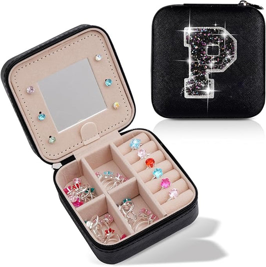 Travel Jewelry Case - Personalized Jewelry Box for Women,Small Jewelry Organizer Cute Jewelry Organizers and Storage Aesthetic,Travel Essentials Birthday Gifts for Girls Women | Black,P