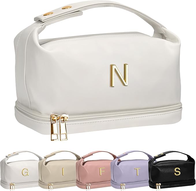 Engagement Gifts, Initial Large Makeup Bag, Personalized Double Layer Cosmetic Bag with Makeup Brush Organizer, Waterproof, Large Capacity PU Leather Travel Toiletry Bag