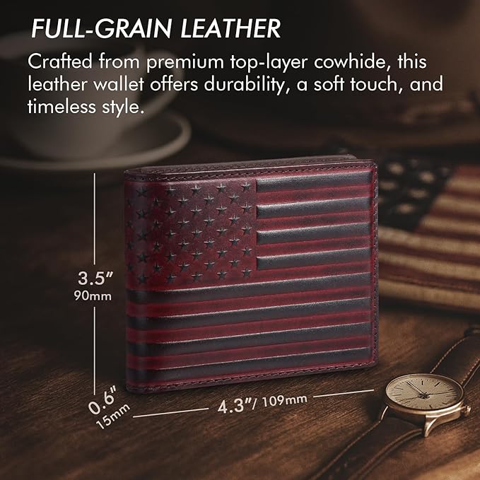Full Grain Leather Wallet for Men, RFID Blocking, Mens Wallet Bifold with 2 ID Windows, Billfold with 13 Card Slots, Leather Gift for Men, American Flag Wallet Red