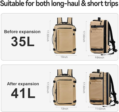 Carry On Travel Backpack with Shoe Compartment Flight Approved Laptop Backpack Expandable Work Business Backpack for Women Men Casual Daypack, Khaki
