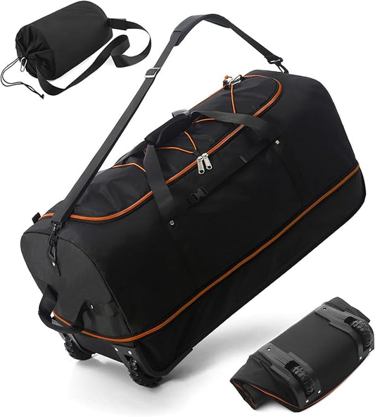 32" Soft-Sided Foldable Wheeled Travel Duffel Bag,Expandable 110L to 140L Rolling Cargo Bag with 2 Wheels and Multiple Pockets (001-Black Orange)