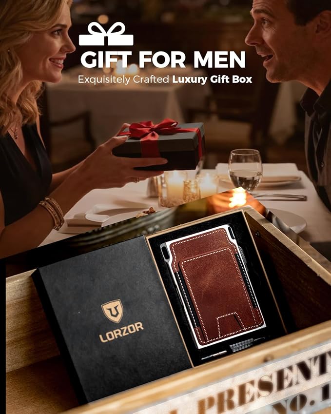 LORZOR Slim Tactical Wallet for Men- Minimalist Full Grain Leather Wallet for 12 Cards, RFID Blocking Aluminum Cardholder, Smart Pop Up Card Case, Front Pocket, Money Clip, Gift for Men(VintageBrown)