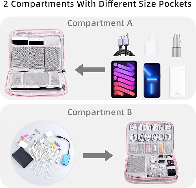 Electronic Organizer Travel Case, Travel Cable Bag, Water Resistant, Double Layers Pouch for Cables, Cords, iPad Mini, Gift for Women, Nylon, Pink, 9.5 x 6.9 x 1 Inch, 6.6 OZ