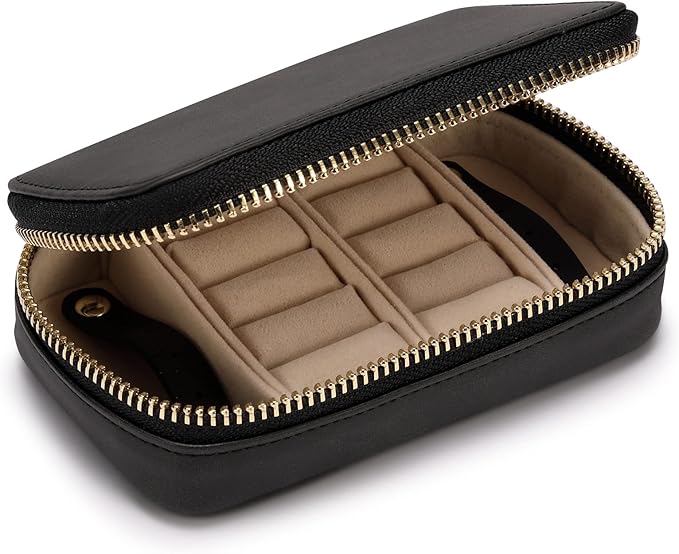 HISCOW Vegan Leather Travel Jewelry Case with Zipper - Portable Necklace & Earring Holder Organizer for Women Girls, Velvet-Lined Ring Box with Anti-Tarnish Design, Black