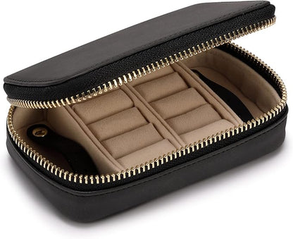 HISCOW Vegan Leather Travel Jewelry Case with Zipper - Portable Necklace & Earring Holder Organizer for Women Girls, Velvet-Lined Ring Box with Anti-Tarnish Design, Black