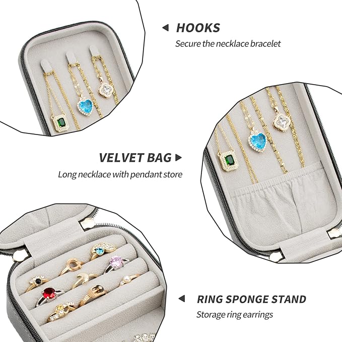 BONNY DODO Small Travel Jewelry Organizers Box for women with PU Leather Portable Mini Jewelry Case with compartments for Necklace Rings Earrings,Luxury Giftable boxes. (Gray, M)