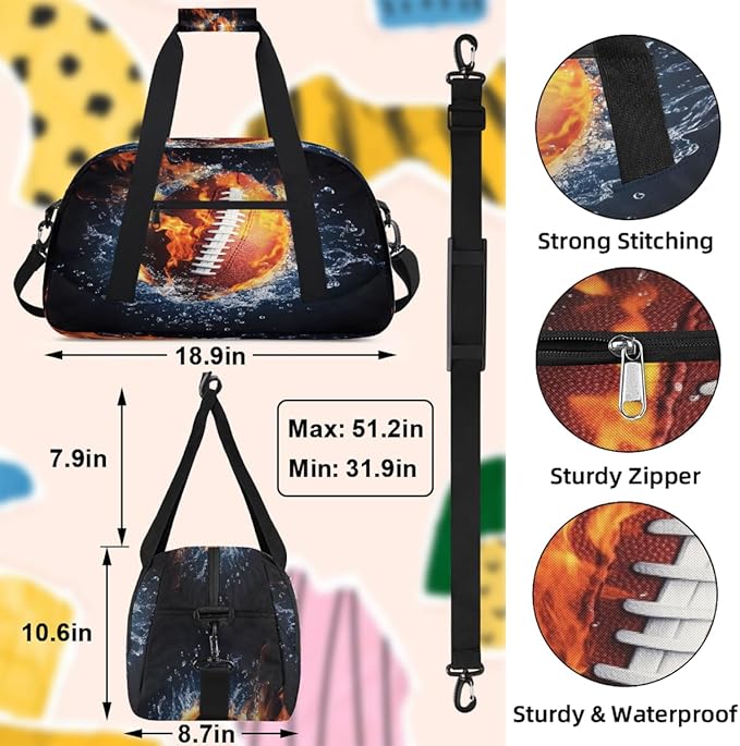 Kids Duffle Bag Girls Boys Sports Fire And Water Football Weekender Overnight Bag,Lightweight Duffel Bags for Traveling Gym Sport Dance