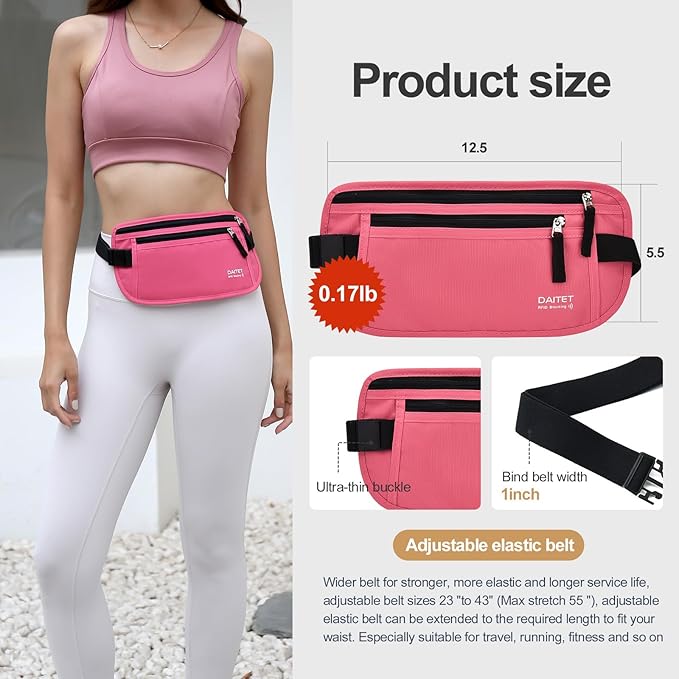RFID Blocking Money Belt for Men Women, Slim Fanny Pack for Travel，Running,Conceal Waist Wallet for Passport Holder,Phone,Cash(Hot Pink)
