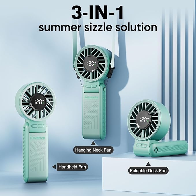 Portable Handheld Fan, 4000mAh Rechargeable, 6 Speed Settings, LCD Display, 3-in-1 Foldable Mini Desk Fan with Lanyard (Green)