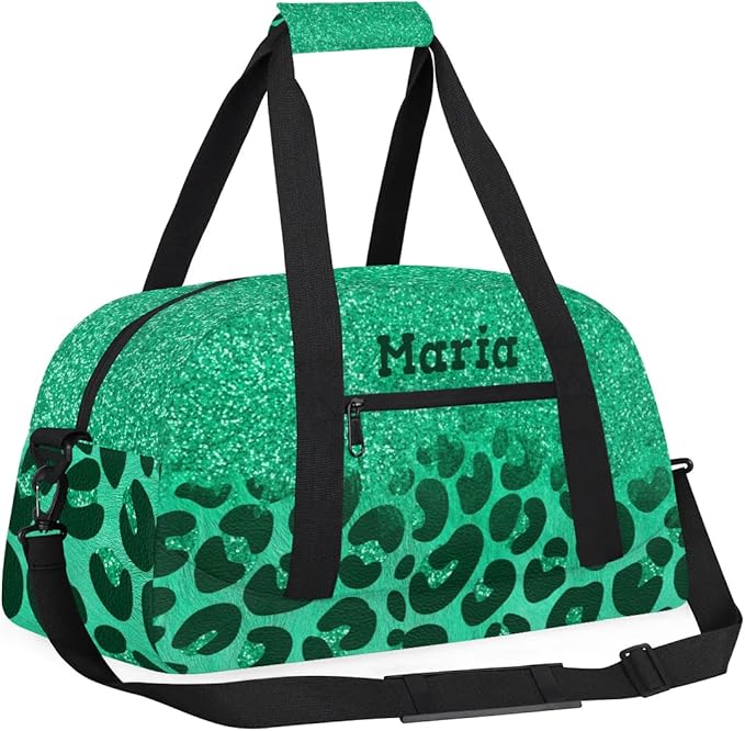 Personalized Kids Sports Duffel Bag with Name Custom Weekender Overnight Bag for Boys Girls Gym Bag Travel Dance Gymnastics Duffel Bag, Green Glitter Leopard Print