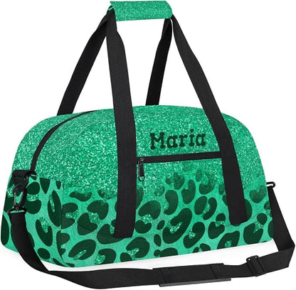 Personalized Kids Sports Duffel Bag with Name Custom Weekender Overnight Bag for Boys Girls Gym Bag Travel Dance Gymnastics Duffel Bag, Green Glitter Leopard Print
