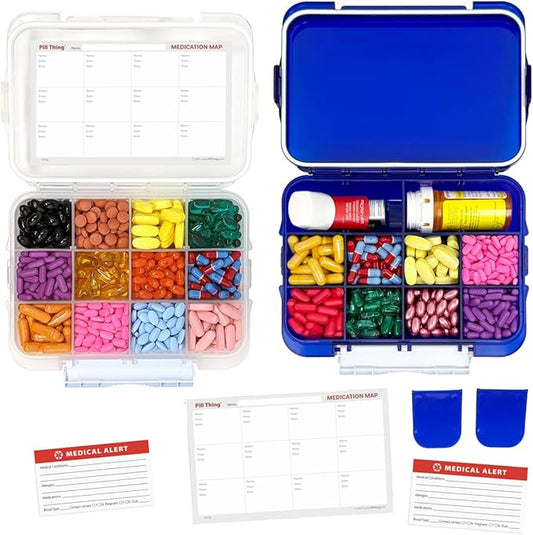 2-Pack Large Pill Organizer – Blue + Clear | 12-Compartment Weekly Pill Box Case with Removable Dividers, Waterproof, Travel-Friendly (Combo Pack - 1 Blue & 1 Clear)