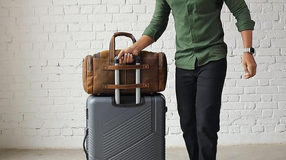 Genuine Leather Travel Bag with Matching Toiletry 2-Pc Set Carry On 22x11x12 in with Trolley Straps, Shoulder Strap and Laundry Bag by De Lira