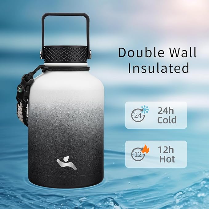 Insulated Water Bottle with Straw,50 oz 3 Lids Water Jug with Carrying Bag,Paracord Handle,Double Wall Vacuum Stainless Steel Metal Flask,Day Night