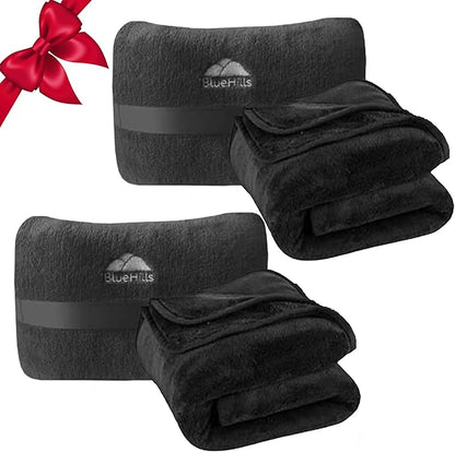 BlueHills 2-Pack Mini Premium Soft Plush Travel Blanket Pillow Airplane Essentials Flight Throw in Bag with Hand Luggage Strap Backpack Clip Accessories Portable Traveling Plane Blankets Black - M25