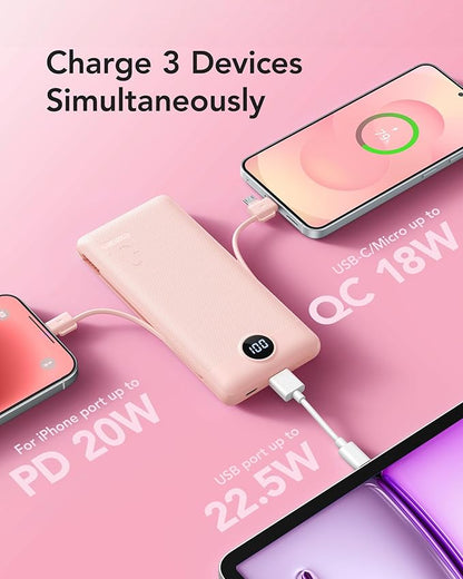 VRURC Portable Charger Power Bank with Wall Plug, 10000mAh Portable Charger with Built in Cables, PD 20W Fast Charging Portable Charger with Cords External Charger Travel Accessories-Pink(1 Pack)