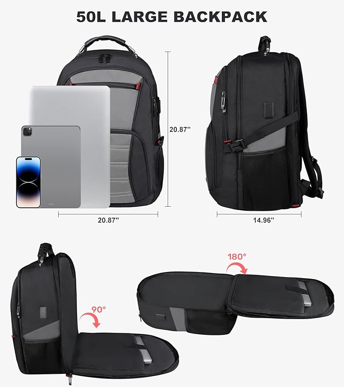 Extra Large Laptop Backpack for Men, Travel Backpack,Big Backpack, 50L Water Resistant School Business Work Computer College Heavy Duty Bag with USB Port, Fits 17 Inch Laptop, Grey