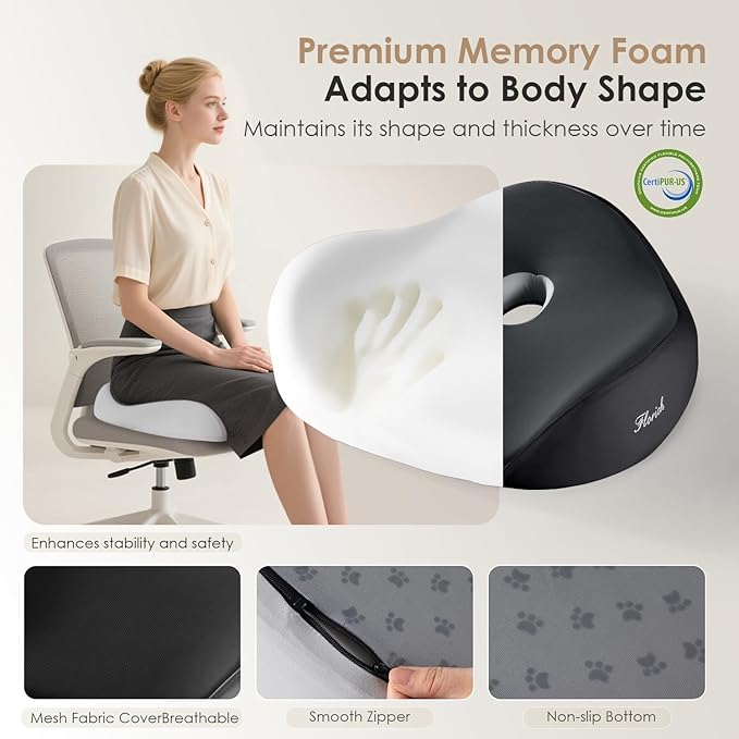 FLORICH Seat Cushion, Memory Foam Seat Cushion for Car Office Chair, Ergonomic Office Seat Chair Cushion for Sciatica Pain Relief, Larger Seat Cushion for for Long Sitting Office Workers - Black