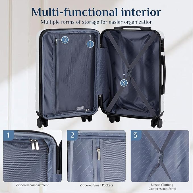 NEWBULIG 20 Inch Carry on Luggage, Lightweight Expandable Rolling Suit Case with TSA Lock, Hard Shell ABS Suitcase with Double Spinner Wheels, White