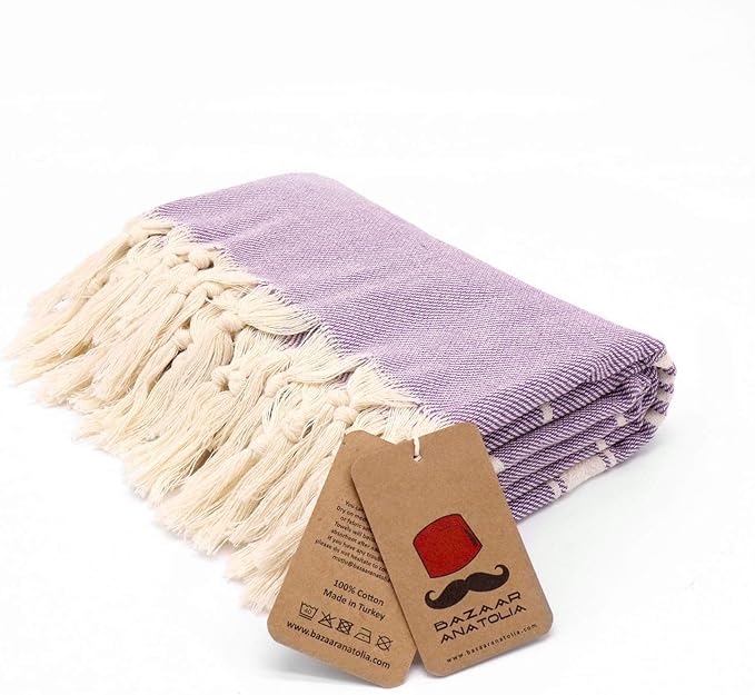 Bazaar Anatolia Turkish Beach Towel – 100% Cotton, Quick Dry, Sand Free Towel for Bathroom, Camping, Travel – Oversized 71x39 Inches – Stripe Purple