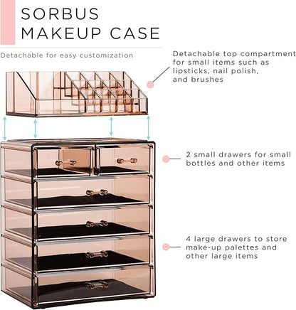 Sorbus Acrylic Makeup Organizer Set, 6-Drawer Vanity & Countertop Cosmetic Storage with Small & Wide Compartments, Bronze Glow Makeup Storage for Brushes, Jewelry – Holiday Gift for Women & Teens