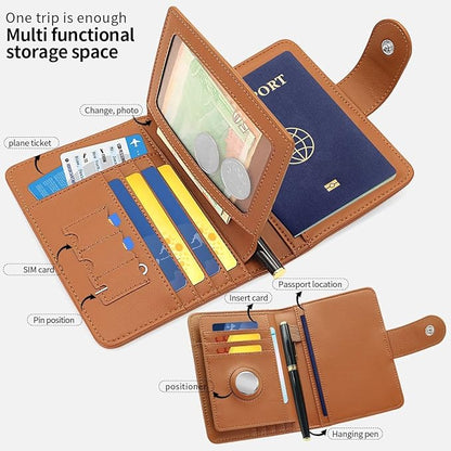 Passport Holder Wallet Bag with AirTag Holder, Card Slots and Passport Solt Ticket Cash Solt, Photo Solt Sim Card Pen Slot.Brown