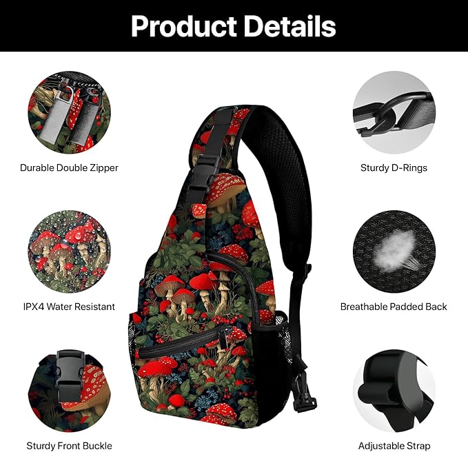 Mushroom Sling Bag Travel Sling Backpack Lightweight Casual Daypack Women Chest Bags for Outdoor Sport Climbing Runners (Red)
