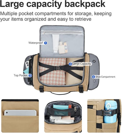 Carry On Travel Backpack with Shoe Compartment Flight Approved Laptop Backpack Expandable Work Business Backpack for Women Men Casual Daypack, Khaki