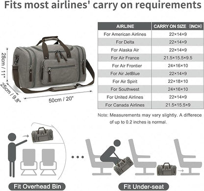 Expandable Canvas Duffel 50cm-58cm, Sturdy Zipper and Reinforced Handles, Lightweight Carry-On Weekender Bag for 3-5 Day Trips, Gray