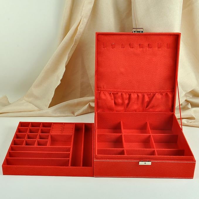 Jewelry Boxes 10 x 10 Inches 2-layer Handle Necklace Holder Organizer Jewellery Women Rings Storage Display Girls Earrings Case Lockable Jewelry Tray GY641 (Red)
