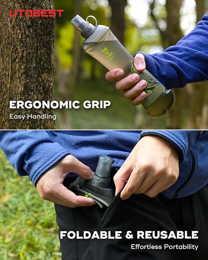 500ml Soft Flask, 2 Pack Flexible TPU Hydration Water Bottle, Collapsible with 28mm Caliber for Running, Hiking, Cycling, Climbing, and Marathon Green