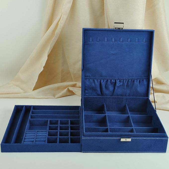 Jewelry Boxes 10 x 10 Inches 2-layer Handle Necklace Holder Organizer Jewellery Women Rings Storage Display Girls Earrings Case Lockable Jewelry Tray GY641 (Navy)