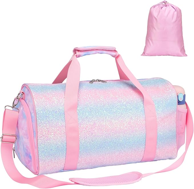 Bagseri Duffel Bags for Kids - Girls Dance Bag Ballet Tote, Waterproof Sports Gymnastics Bag for Overnight with Shoe Compartment and Dry Wet Separation Pockets (Tie-dye,Pink)