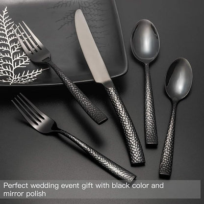 Flatware Set Silverware Set 20 Pieces Mirror Finished Black Stainless Steel Cutlery Set Forged with Hammered Handle Service for 4