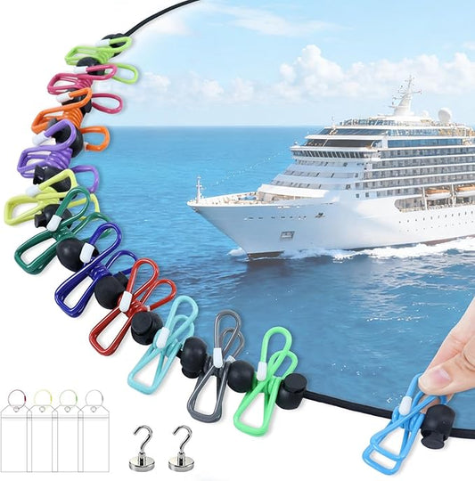 Travel Clothesline for Cruise Retractable Clothesline with 12 Clothesline Clips 2 Strong Magnets Hooks 4 Luggage Tags Camping Portable Clothesline for Hotel Room RV Indoor Cruise Ship Essentials 2025