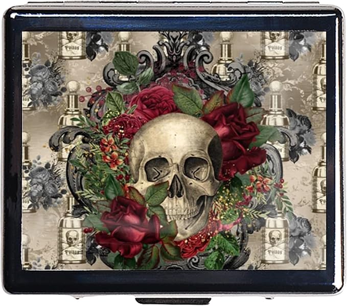 7 Days Chromed Shiny Silver Pill Organizer with Mirror Inside Has 8 Separate Compartments Rectangle Cute Travel Pill Organizer for Purse 7 Days (Flower Skull)