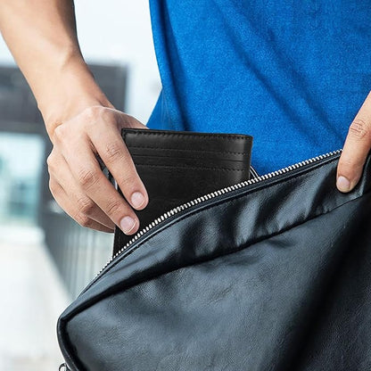 Minimalist Real Leather Wallet for Men with Zipper Card Holder and ID Window RFID Blocking Bifold Wallet (Black)