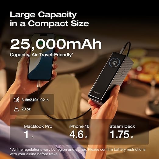 EF ECOFLOW Rapid Power Bank 25,000mAh, 170W Portable Charger with Dual 140W USB-C Ports for Multi-Device Charging, Smart TFT Screen, Compatible with iPhone 17/16/15/14, Samsung, Laptop (Silver)