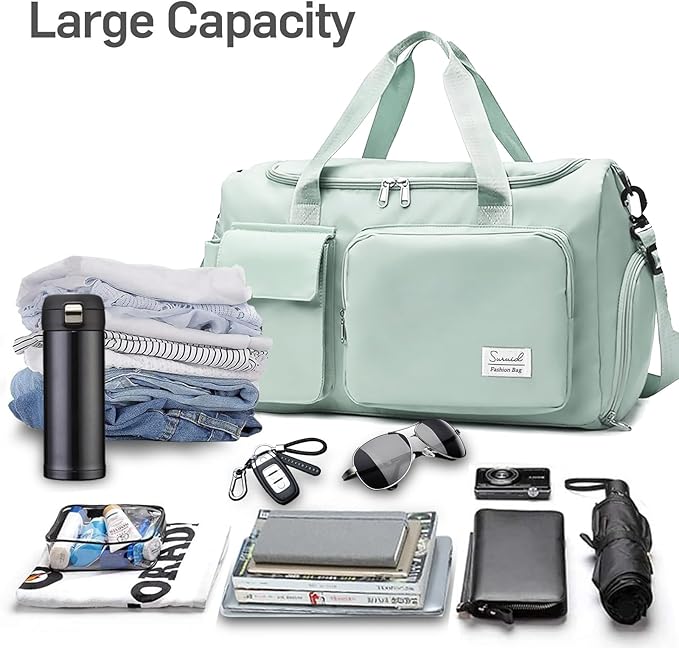 Travel Duffel Bag with Shoes Compartment Sports Gym Bag with Dry Wet Separated Pocket for Men and Women, Overnight Bag Weekender Bag Training Handbag Yoga Bag - Light Green