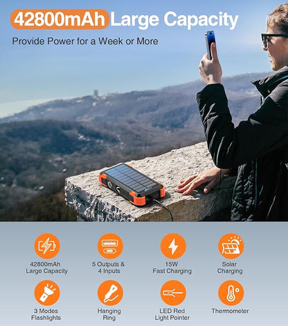 GOODaaa Portable Charger 42800mAh Built in 4 Cables and Thermometer 15W Fast Charging Power Bank Five Outputs Three Inputs Solar Charger Power Bank, SOS/Strobe/Strong Flashlights, Carabiner