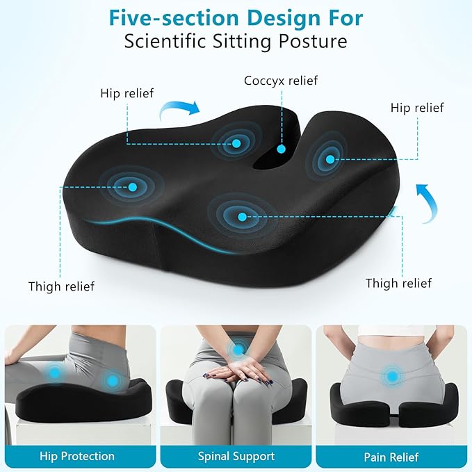 Seat Cushions for Office Chairs & Hip Pain Relief, Extra-Dense Coccyx Cushion with Sciatica Support, Ergonomic Design for Desk Chair, Car, Wheelchair, All-Day Comfort (Black)