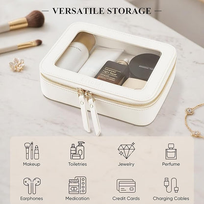 Clear Makeup Bag, Travel Toiletry Bag Cosmetic Case for Women, Waterproof Portable Make Up Skincare Pouch with Zipper, Compact Car Organizer Bag for Essentials, Medium Size, Ivory White