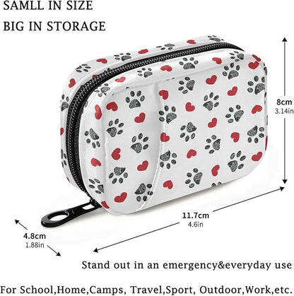 Fustylead Paw Print with Red Hearts Travel Pill Organizer Case Zipper for Purse with Removable Weekly Pill Box for Medicine, Vitamin, Supplement Medicine Organizer