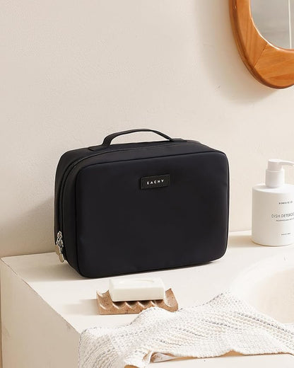 EACHY Travel Toiletry Bag with Hanging Hook, Portable Makeup Cosmetic Bags for Women, Water-Resistant Full-Size Travel Accessories (Black)