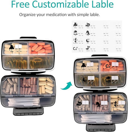 Travel Pill Organizer Large Portable Medication Fullicon Oversize 8 Compartment Pill Box, Vitamin Travel Case Pill Holder - Airtight & Moistureproof (Black)