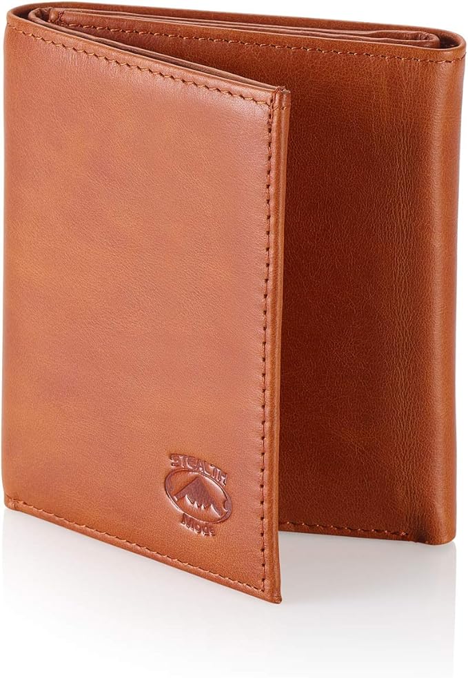 Stealth Mode Leather Trifold RFID Wallet For Men With Flip Out ID Holder (Light Brown)