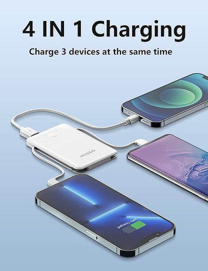 6000mah Ultra Slim Built in Cables Power Bank, Card Size Built in USB C Cords Battery Pack Portable Charger for Phones, 3 Output External Battery Pack Compatible with iPhone, 2-Pack Black & White