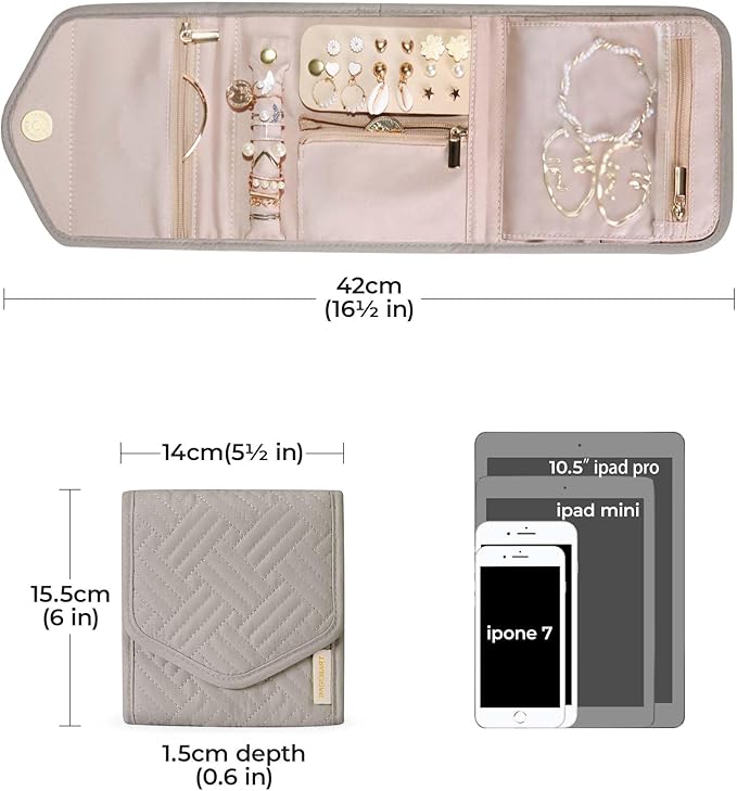 BAGSMART Travel Jewelry Organizer Case Foldable Jewelry Roll for Journey Rings, Necklaces, Earrings, Bracelets,Mini,Warm Gray