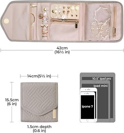 BAGSMART Travel Jewelry Organizer Case Foldable Jewelry Roll for Journey Rings, Necklaces, Earrings, Bracelets,Mini,Warm Gray